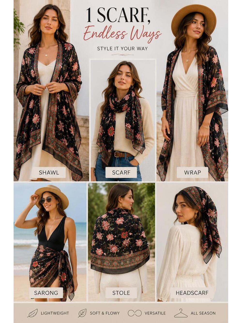 Gerinly Black Floral Lightweight Wrap Scarf / Shawl Boho Romantic Layering Piece